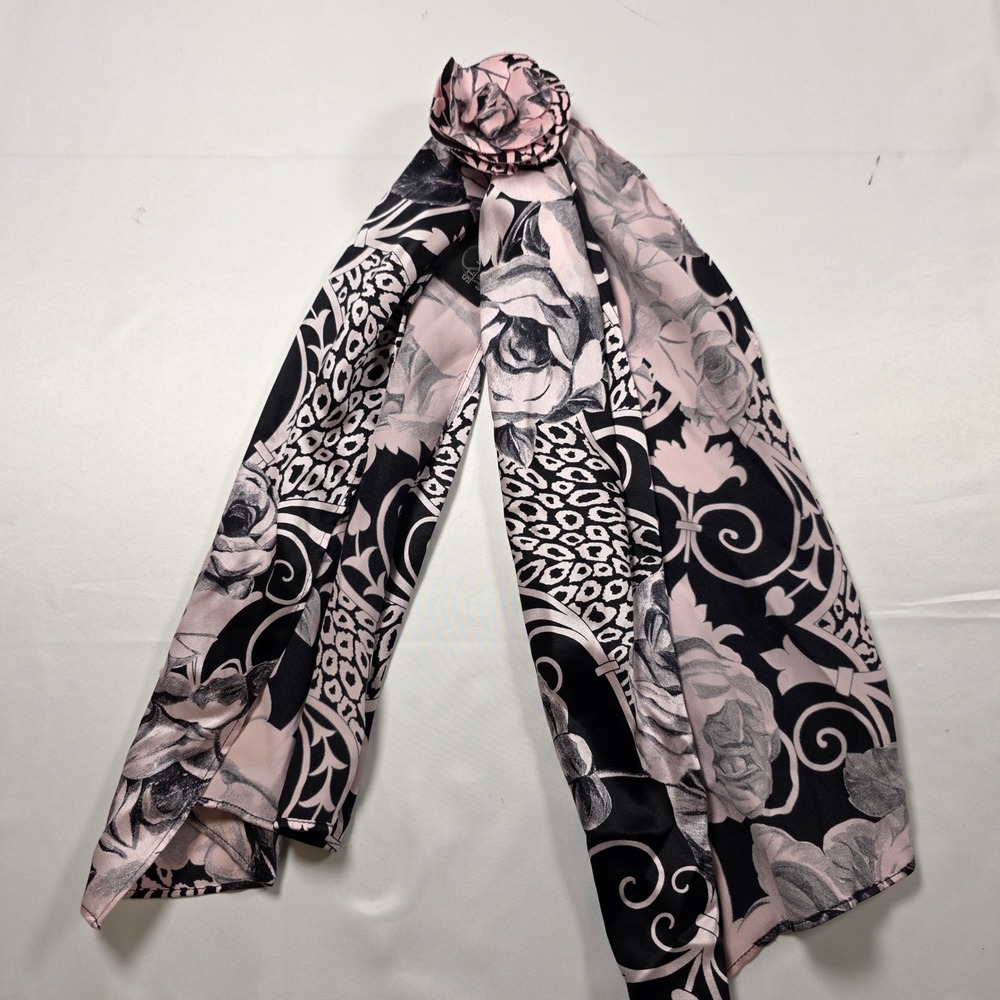 St. John Silk Scarf Pink Black Floral Leopard Print Fabric Rose Detail Stole